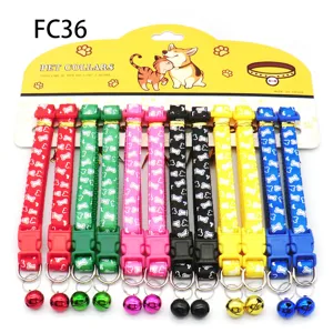 Colorful pet collar set with bone print and bell for cats and dogs, carded package.