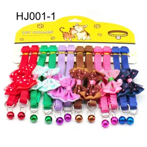Colorful pet collar with cute bowknot and bell, adjustable fabric cat and dog neck strap.