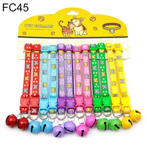 Colorful cartoon pet collar set with large bells and plastic buckles, 12 pieces per card.
