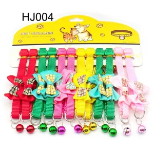 Colorful pet collars with cute bows and bells, fabric puppy cat collar carded packaging.