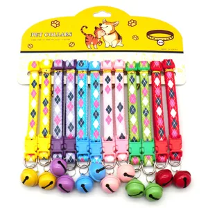 12-piece colorful pet cat dog collars with bells, plastic buckle, argyle pattern set