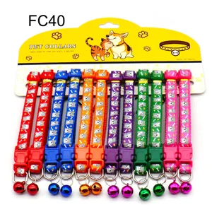 Colorful pet collar with bell, printed cat and dog fabric necklace carded detail view