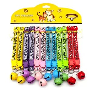 Colorful leopard print pet collars set with cute bells and plastic buckles for dogs and cats.