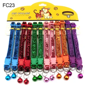 Colorful pet collar glitter fabric cat dog necklace with bell carded packaging detail view