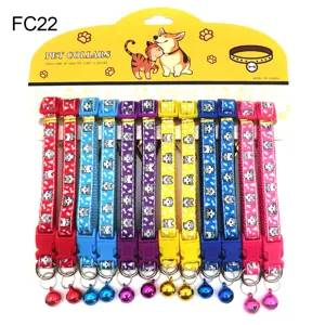 Colorful pet collar set with cute cat print and bells, nylon puppy cat necklace for daily use.