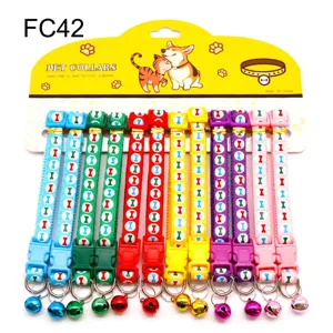 Colorful pet collar with bell and bone print, adjustable nylon cat dog collar for daily use.