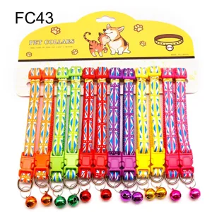 Colorful union jack pattern pet collar set with metal bell and buckle for dogs and cats.