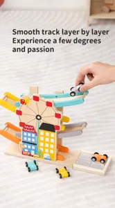 Wooden ferris wheel sliding track toy for kids, multi-layer cars smooth racing game.