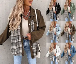 Veste en jean patchwork à carreaux manches longues pour femme manteau chemise décontracté coloré.