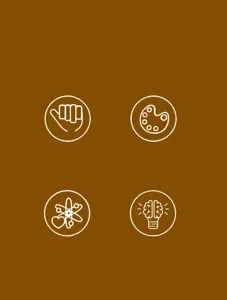 Educational toy feature icon showing hand skills, art, science and brain development.