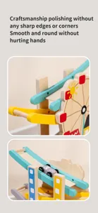Wooden ferris wheel sliding track toy detail close up, smooth polished edges for kids safe play.