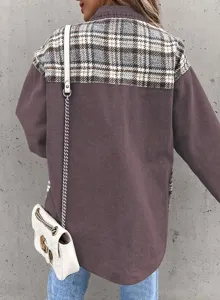 Veste de chemise à carreaux manches longues décontractée pour femme vue détaillée élégante.