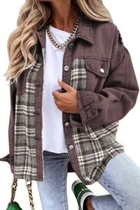Veste à carreaux patchwork mode femme chemise manches longues boutonnée haut chic