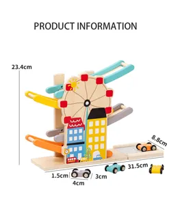 Wooden Ferris wheel sliding track car toy with cute cars for kids learning play