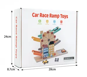 Wooden car race ramp toy for kids, educational sliding track set with ferris wheel and mini cars.