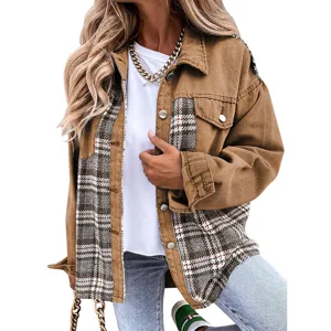 Veste femme manches longues patchwork carreaux boutonnee vetement decontracte detail.