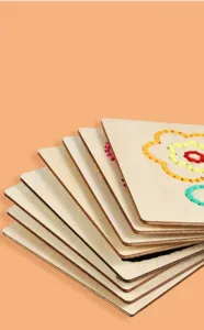 Kids wooden sewing lacing board toy set, colorful DIY embroidery craft detail view.