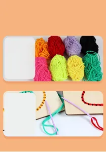 Kids early education sewing embroidery DIY lacing toy detail with colorful yarn and wooden boards.