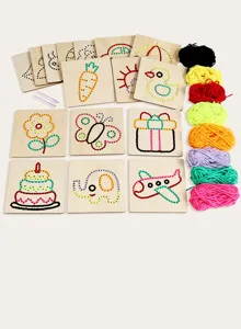 Kids early education wooden lacing sewing DIY craft toy set with colorful threads and cards
