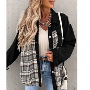 Veste femme manches longues à carreaux patchwork style casual chemise manteau chic haut