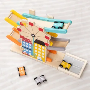 Wooden Ferris wheel sliding track car toy for kids, educational toddler multi-layer toy.