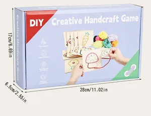 Detailed view of children DIY handcraft threading game packaging box showing dimensions and components.
