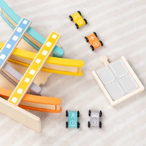 Wooden sliding track car toy set with colorful vehicles for kids early educational play.
