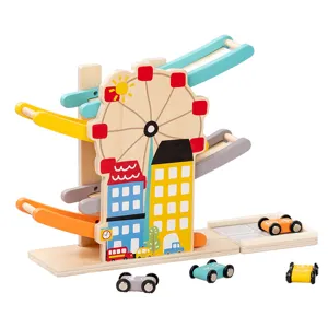 Wooden Ferris wheel ramp racer toy set with sliding cars for kids early educational play.