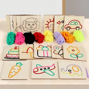 Kids Early Education Wooden Lacing Sewing DIY Toy Set Animal Pattern Colorful Thread Handcraft Educational Toy