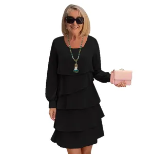Women long sleeve black tiered dress casual loose round neck autumn fashion elegant outfit