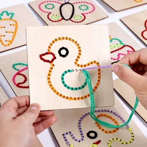 Kids wooden lacing cards sewing toys montessori educational toys fine motor skill 16pcs