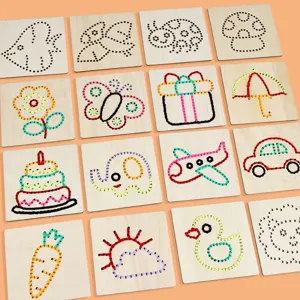 Kids wooden lacing cards sewing DIY toys early educational threading game sets 16pcs.