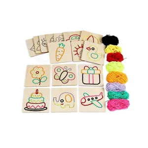 Kids wooden sewing lacing cards DIY early educational embroidery toy set with colorful yarns