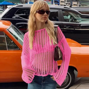 Women pink hollow out mesh knit sweater long sleeve sexy beach cover up hollow top