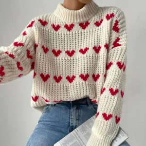 Modische Damen Herz Jacquard Lose Lässige Langarm Rollkragen Pullover Strickwaren