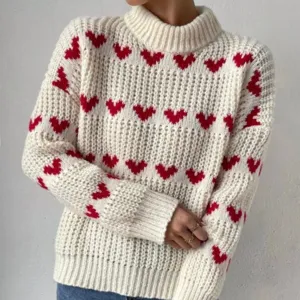 Damen süßer roter Herz Jacquard Rollkragen Pullover, gemütliches Langarm Strickoberteil Ansicht.