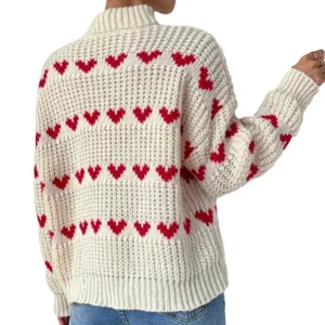 Damen süßer roter Herz Jacquard grob gestrickter Rollkragen Pullover, lässig lose Langarm Oberteil.