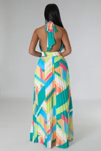 Back view detail of a colorful geometric halter neck backless pleated long maxi dress for women.