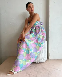 Détail de robe à bretelles sans manches dos nu à imprimé floral montrant la mode estivale.