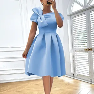 Damen Casual Kurzarm A-Linie Kleid Elegantes Slash Neck Schleife Einfarbig Midi Kleid Slim Fit Sommerkleid