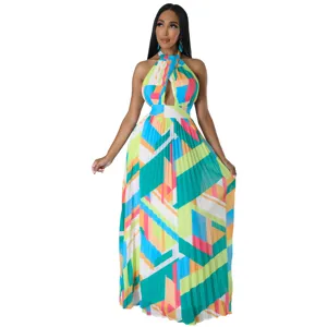 Women Sexy Halter Backless Geometric Print Pleated Chiffon Maxi Dress Summer Casual Resort Style Long Dress