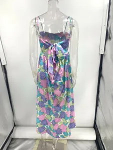 Femme imprimé floral robe nuisette dos nu vintage sans manches satin nœud longue
