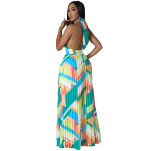 Sleeveless backless halter pleated chiffon maxi dress for women elegant vacation fashion.