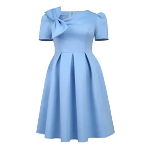 Hellblaues Kurzarm A-Linien Kleid mit elegante Schleife an der Schulter und Plissee Rock.