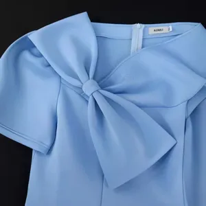 Hellblaues Kurzarm-Kleid Detail mit grosser Schleife und Reissverschluss hinten. Elegantes Plus-Size.