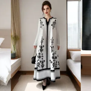 Detailed view of black and white floral printed long dress, stylish V-neck design for chic style.