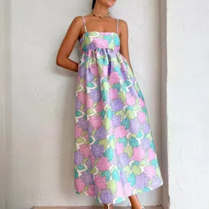 Femme Élégant Imprimé Floral Midi Robe Nuisette Polyester Sans Manches Dos Nu Nœud Décontracté Vacances d'Été Longue Robe