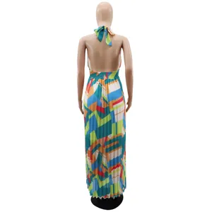 Women sleeveless halter backless pleated maxi dress colorful geometric print vacation