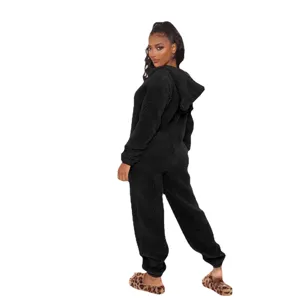 Combinaison pyjama peluche capuche uni femme avec oreilles mignonnes vetement maison chaud