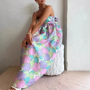 Femme Mode Imprimé Floral Bretelles Spaghetti Robe Longue Dos Nu Plage Été